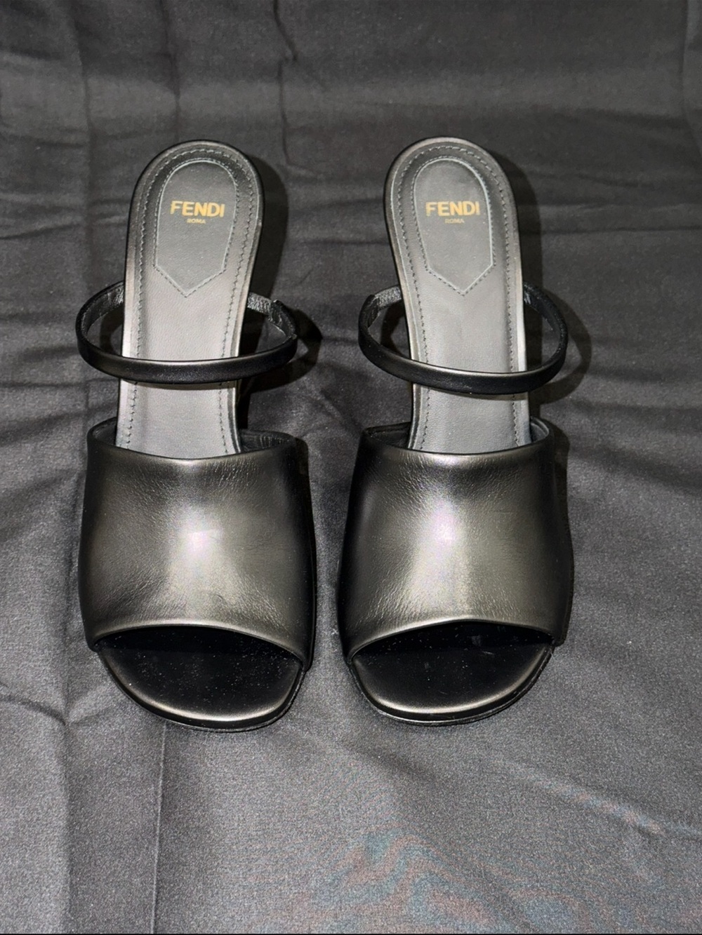 Authentic Fendi Black Leather Open-Toe Sandals with Sculptural Gold Heel - Picture 6 of 7
